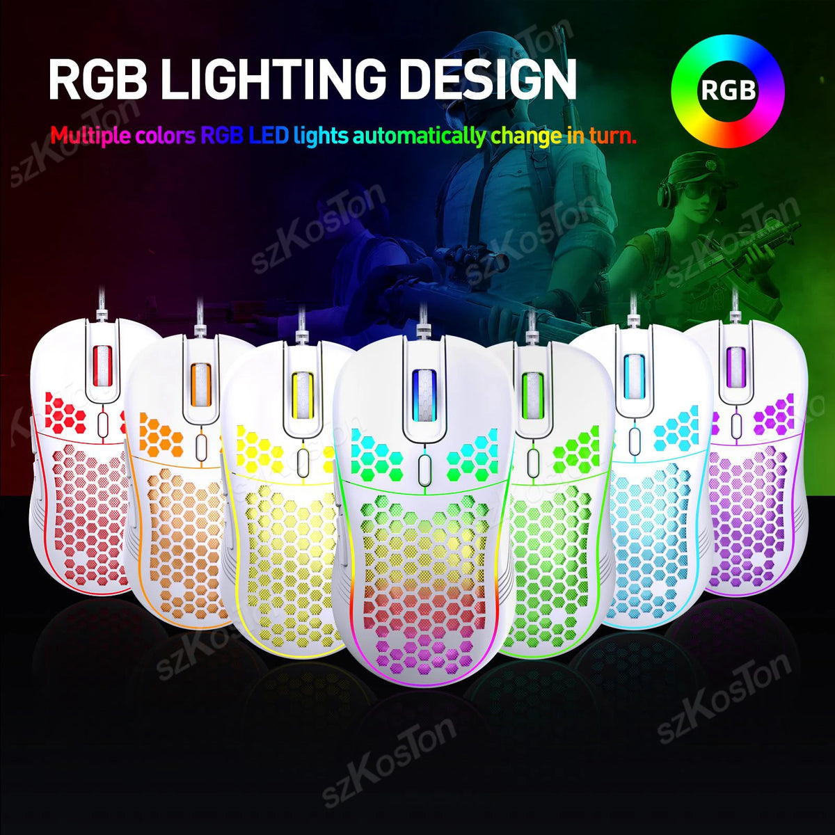 Souris Gaming RGB Honeycomb – 7200 DPI, 6 boutons