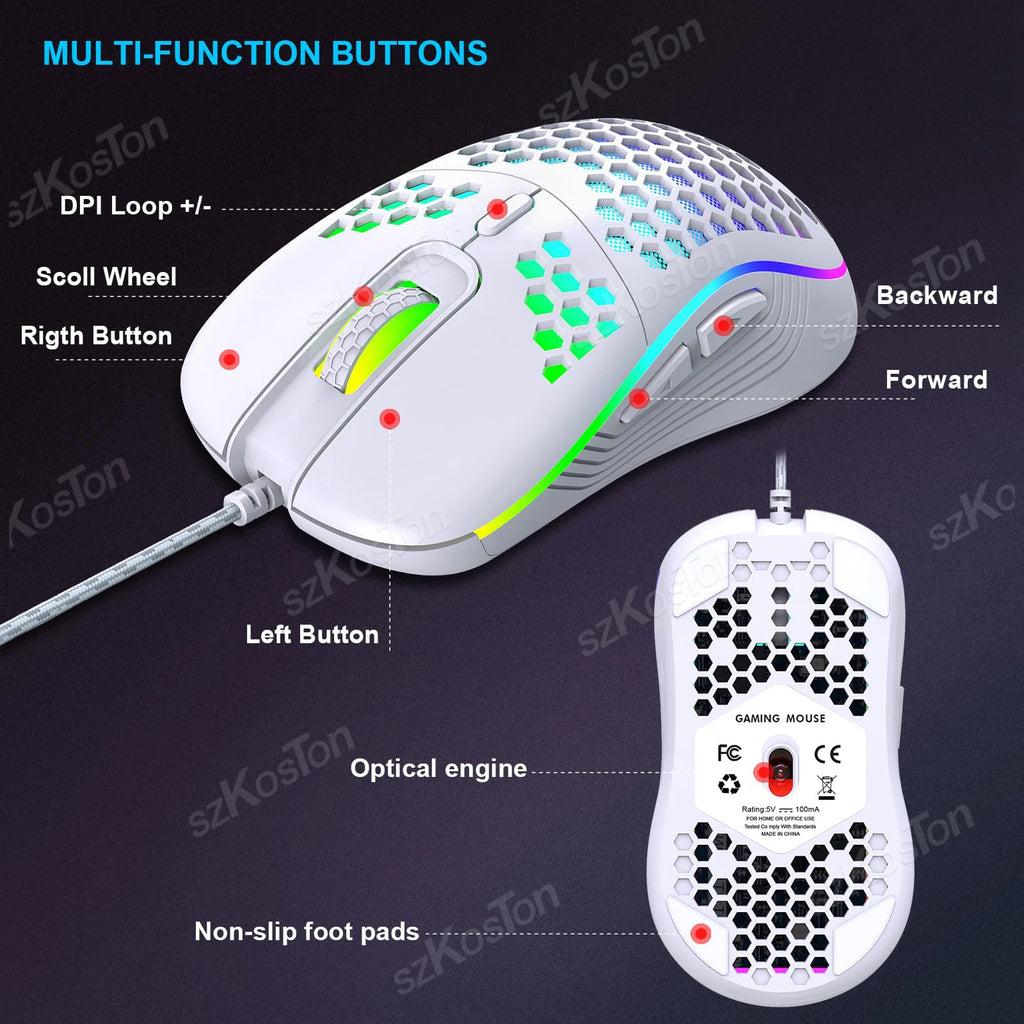 Souris Gaming RGB Honeycomb – 7200 DPI, 6 boutons