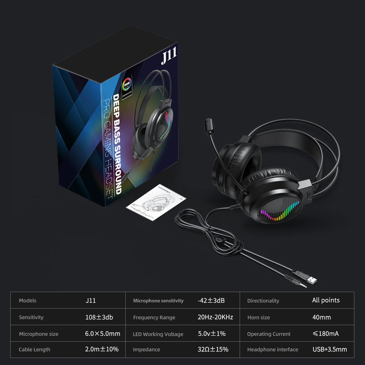 Casque Gaming Acinaci J11 – Micro, LED, Jack 3,5 mm (PC, PS4, PS5, Xbox, Switch)