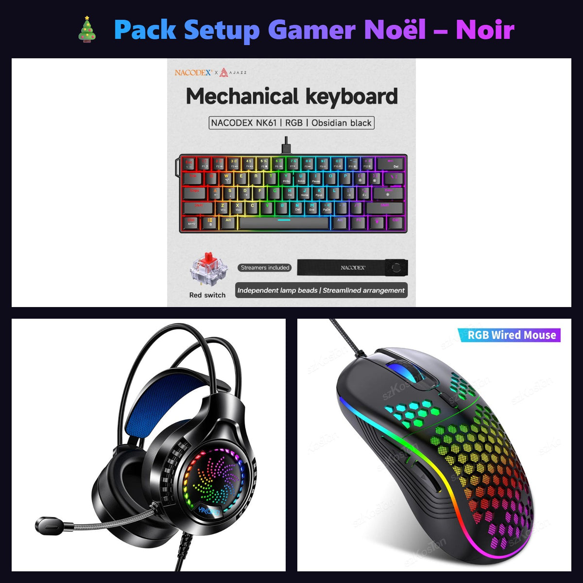 Pack Setup Gamer Noël noir : clavier NK61 noir, casque RGB noir et souris RGB noire